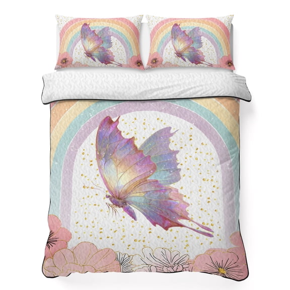 3 Piece Summer Bed Quilt Set Twin XL Size,Spring Pink Flower Butterfly Lightweight Bedspread Coverlet with 2 Pillowcases Blossom Floral Rainbow Stripe Soft Comforter Bedding Quilts for All Season