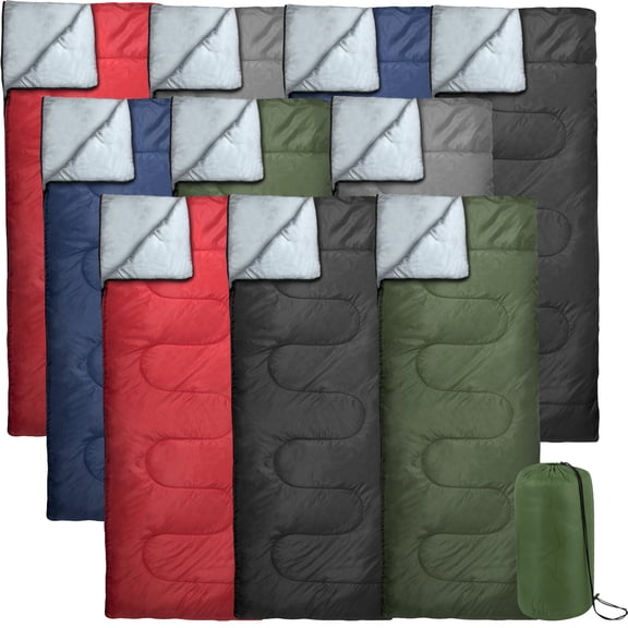 10 Pack Bulk Wholesale of Cold Weather Envelope Sleeping Bags for Adults, Kids, Homeless, Camping, Indoors, Outdoors - 10 Count Sleeping Bags in Black, Navy Blue, Forest Green, Red - 71"L x 30"W