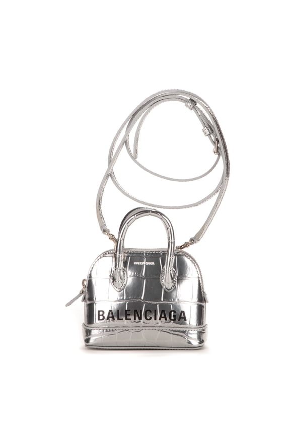 Pre-Owned Balenciaga Silver Mini Ville Top Handle Crossbody Handbag Croc Embossed Leather