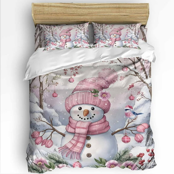 Pink Snowman Christmas Queen Size Comforter Set, Xmas Floral Tree Snowflake Soft Bedding for All Seasons, 4 Pcs Bed Set with 1Comforter (90"x92") ,1 Sheet(94"x116"), 2 Pillowcases (19"x29")