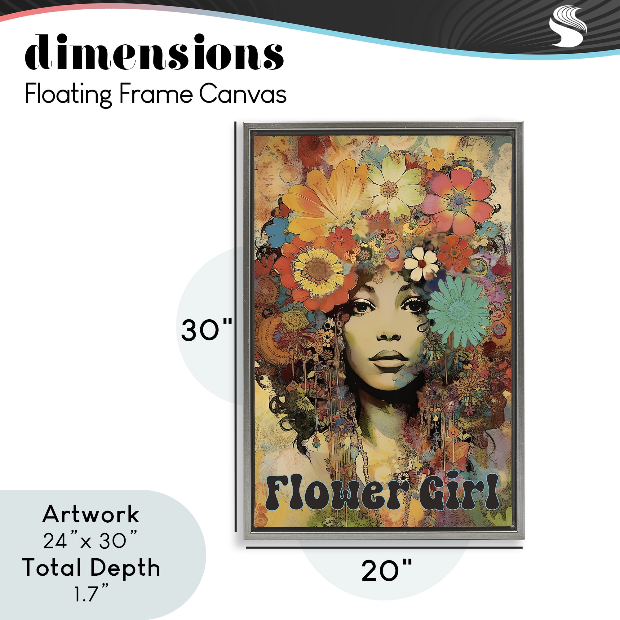 Bohemian Flower Girl Gray Framed Floater Canvas Wall Art, design by Sasha