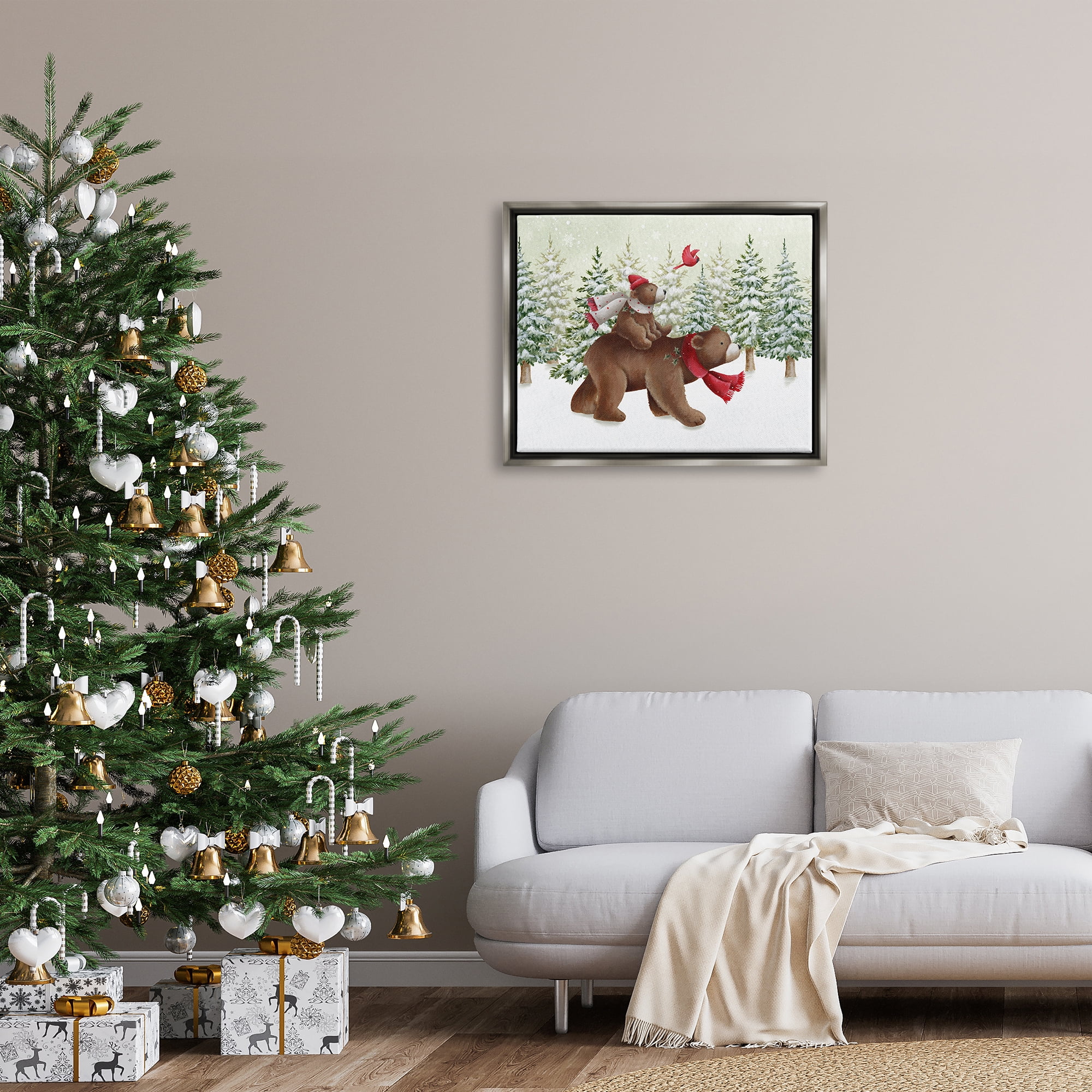 Stupell Industries Bears in Snowy Scene Animals & Insects Painting Gray Floater Framed Canvas Art Print Wall Art, 31 x 25