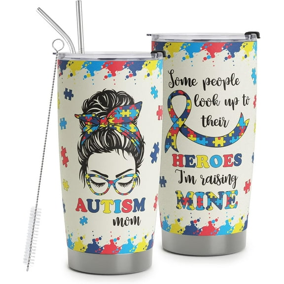 Autism Mom Gifts - Autism Awareness Travel Mug with Straw for Mom - Warrior Mom Autism Stainless Steel Cups 20oz
