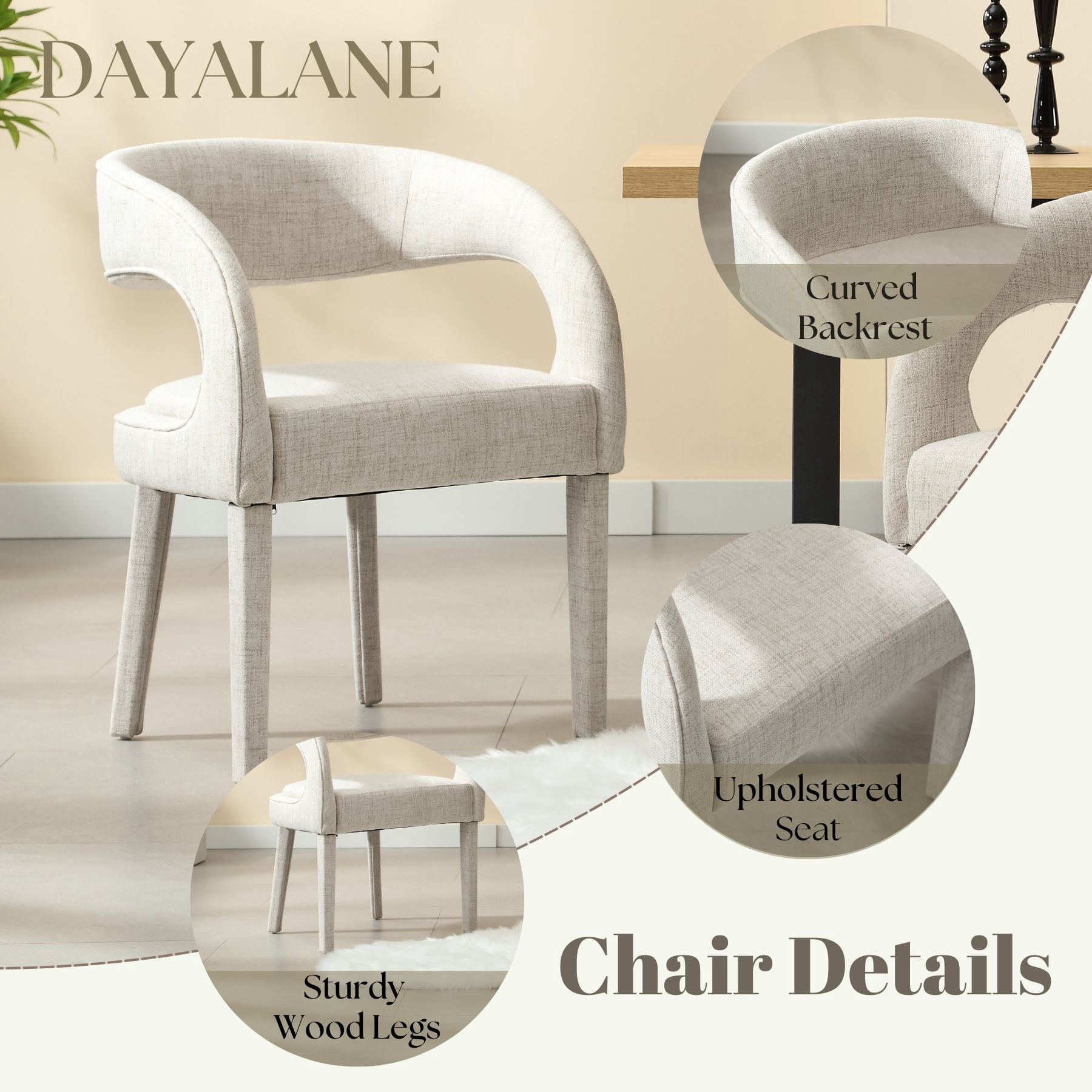 Dayalane Modern Upholstered Dining Chairs Set of 4, Linen Barrel Accent Chairs with Open Back and Arms, Comfy Kitchen & Dining Room Chairs with Wood Legs for Living Room/Bedroom,Beige