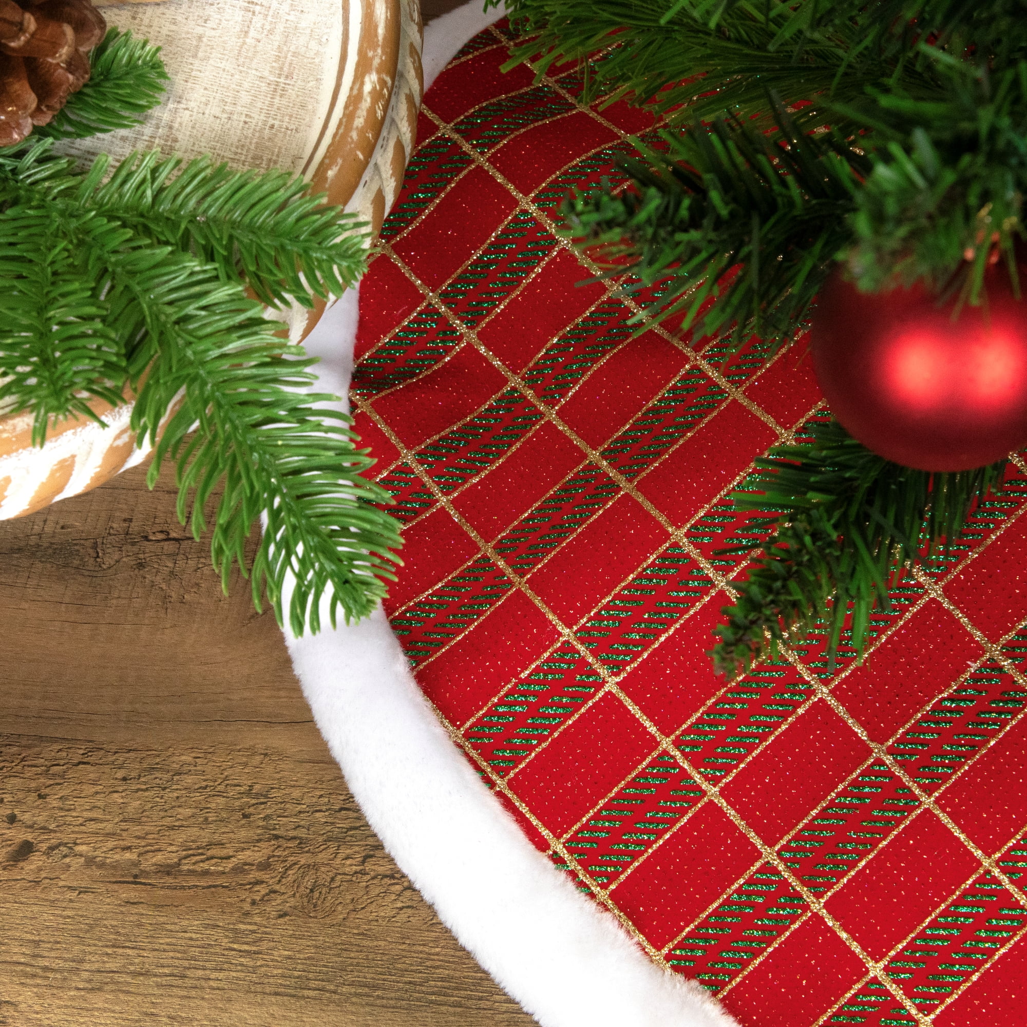 20" Glitter Red Green and Gold Plaid Mini Christmas Tree Skirt with White Faux Fur Border