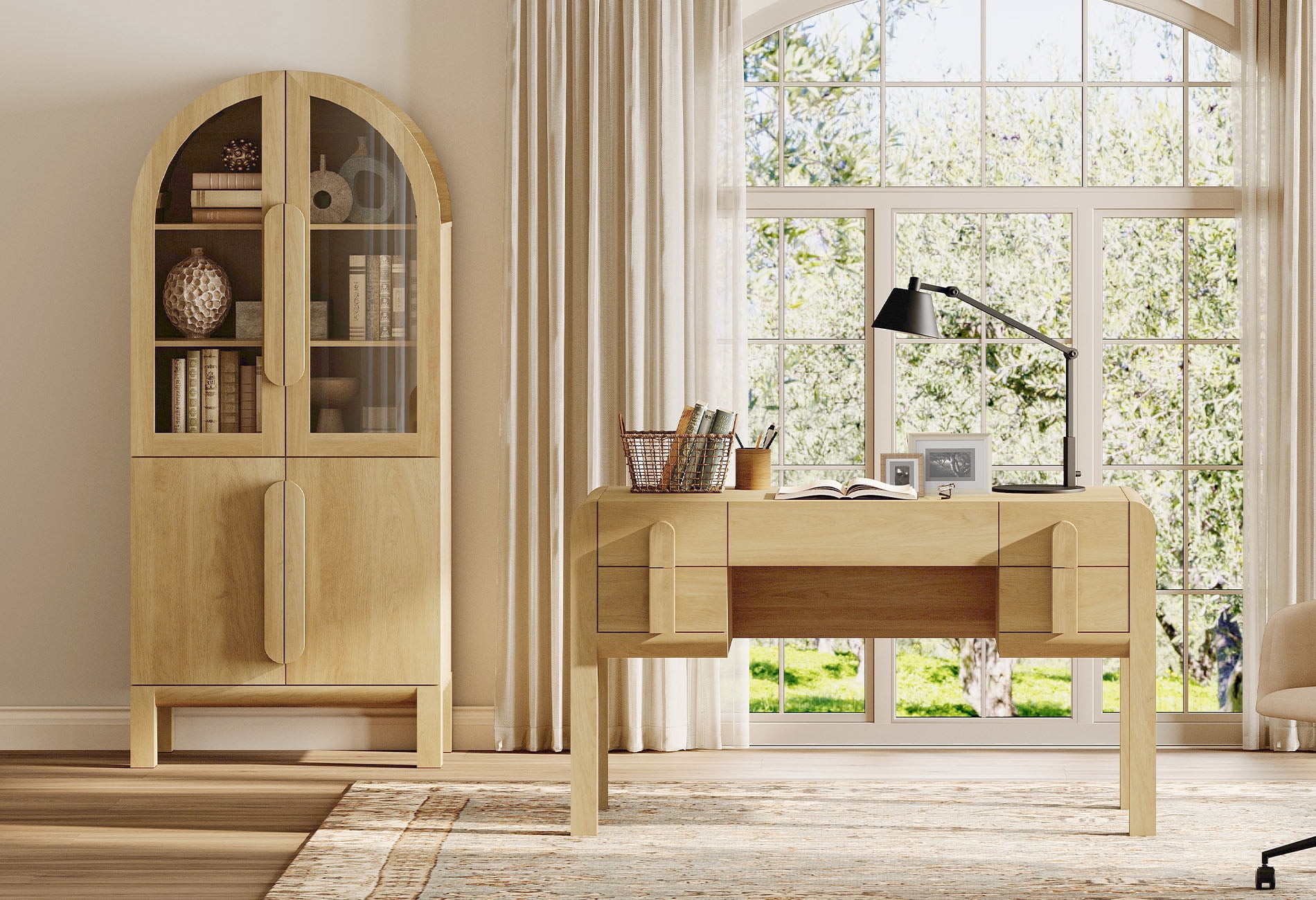 2 Piece Office Set, 53.5" Modern Executive Desk with Charging Station and Drawers & 71"H Tall 5-Tier Arched Bookcases with Glass Door for Living Room, Bedroom, Home Office