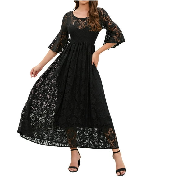 Ayolanni Black Tunic Dresses for Women 2025 Flare Long Sleeve Solid Maxi Dresses Women Dresses for Church for Seniors L