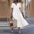 thumbnail image 4 of Dream Lifestyle V-Neck Puff Short Sleeve A-Line Midi Dress Ruffle Stitching Hem Women Casual Dress Female Clothing, 4 of 7