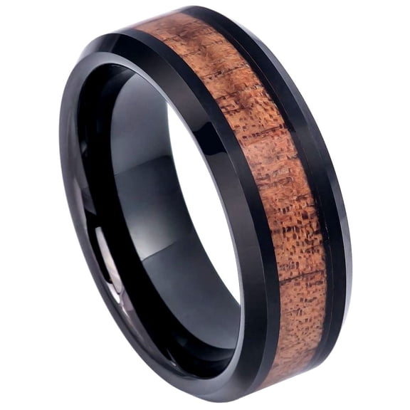 Custom Personalized Engraving Wedding Band Ring Set for Him & Her - 8mm Black IP Plated with Hawaiian Koa Wood Inlay, Beveled Edge