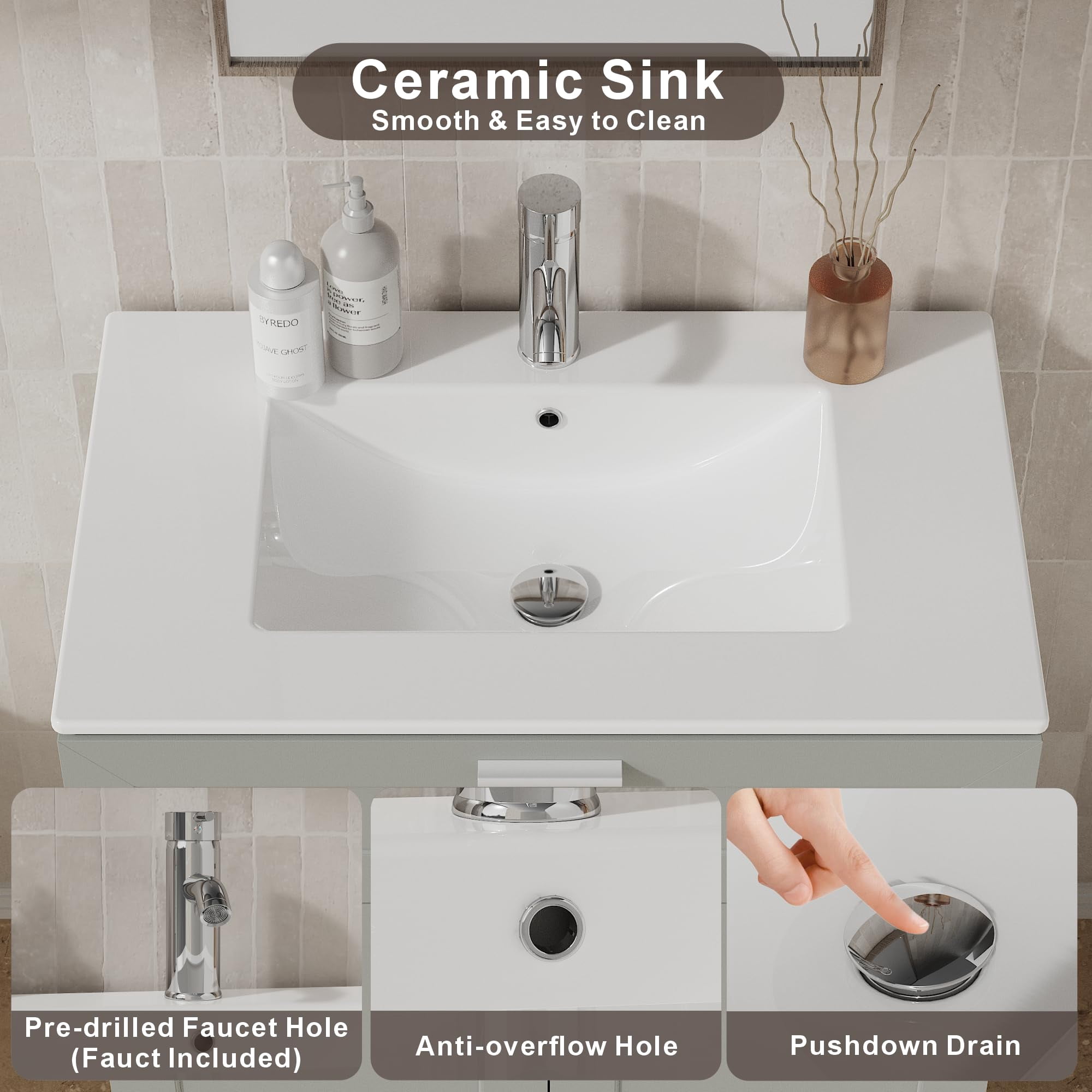 KIGOTY 30" Modern Bathroom Vanity with Ceramic Basin, Free Standing Bathroom Storage Cabinet with with 2 Soft-Closing Doors and 1 Drawer, Gray