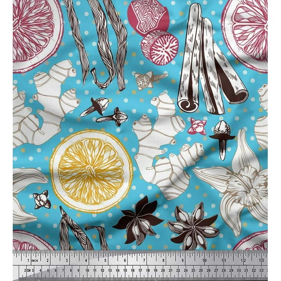 Soimoi Blue polyester Crepe Fabric Spices,Ginger & Lemon Slice Vegetable Fabric Prints By Yard 42 Inch Wide