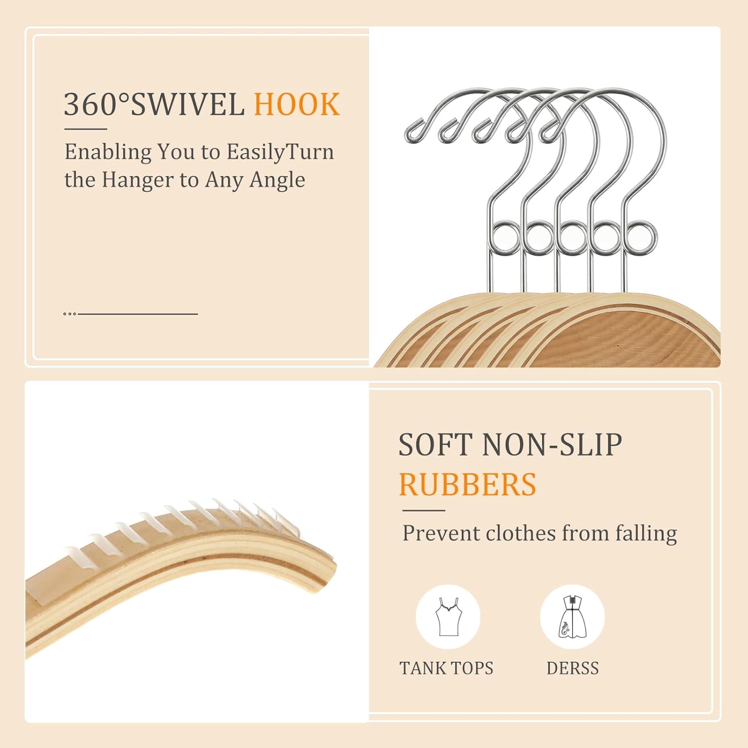 Slim Natural Wood Hangers with 360 Swivel Hook, Vertically Stackable Wooden Hangers with Non-Slip Rubber Grips No Shoulder Bump for Sweater, Camisole, Jacket, Dress, Coat