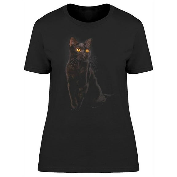 Sitting Black Shorthair Cat T-Shirt Women -Image by Shutterstock, Female Small