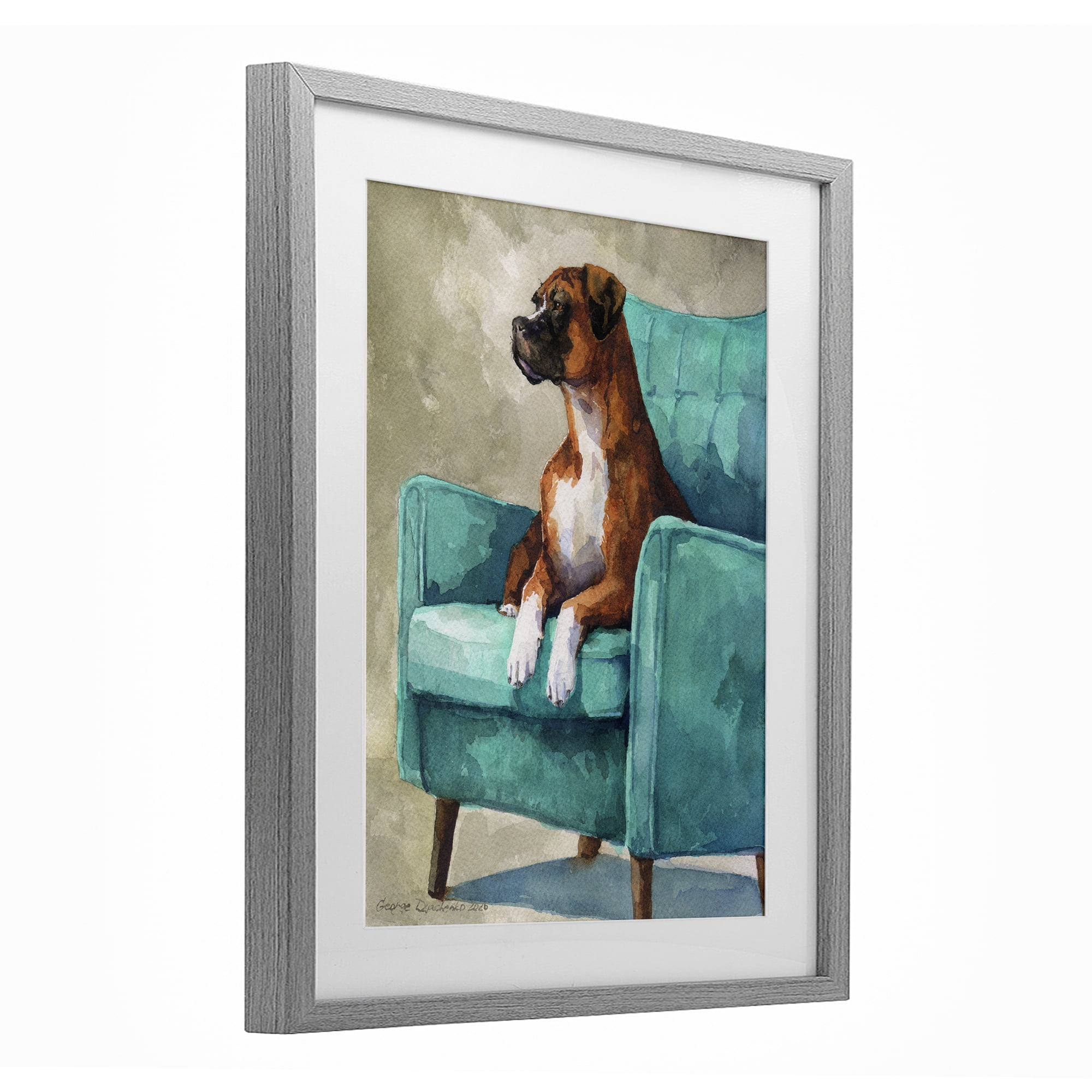 Stupell Industries Majesty Boxer on Armchair Gray Framed Print Under Glass, design by George Dyachenko