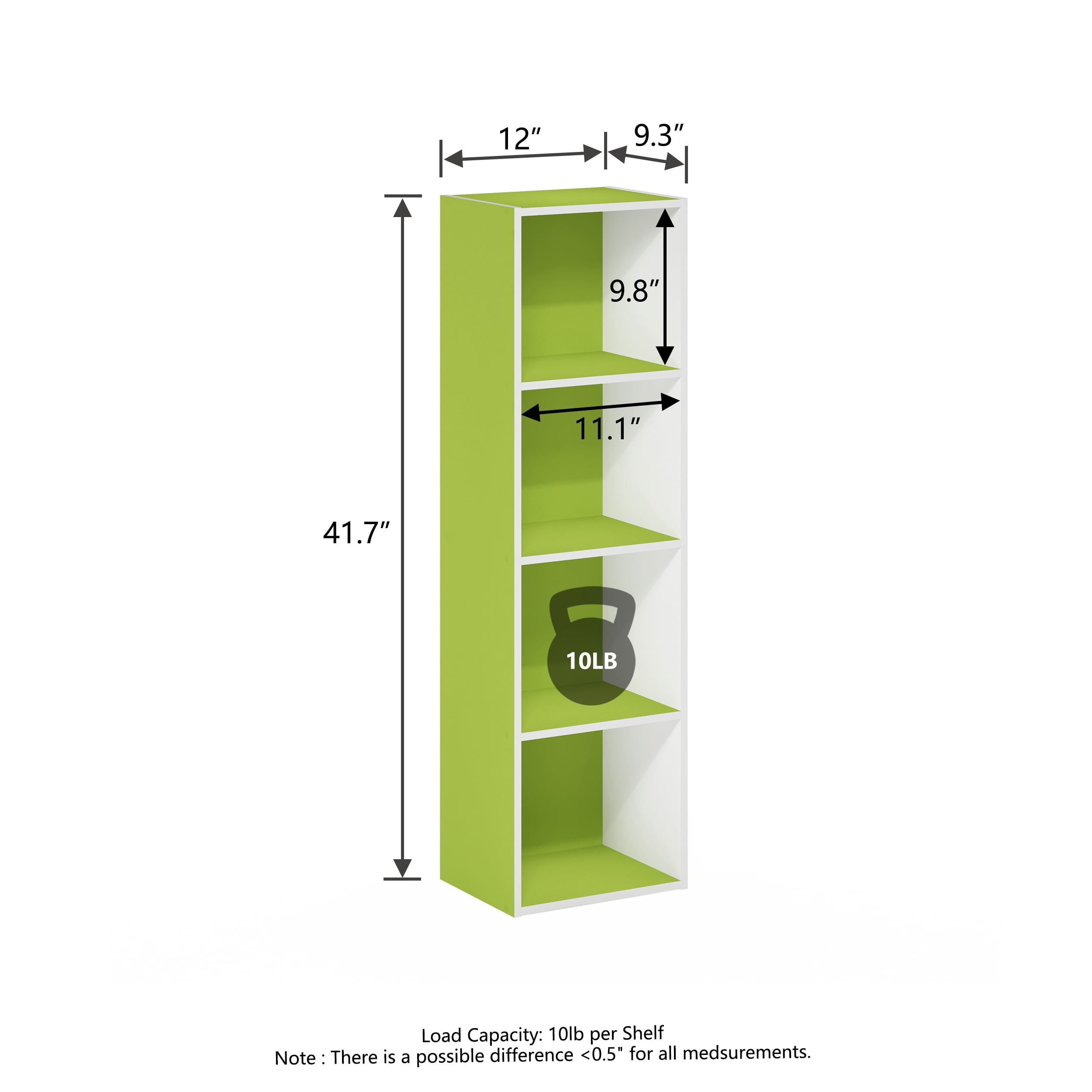 HOMLUX 9" x 12" x 42" Storage Shelf 4 Tier Cube Bookcase, Suitable for Small Space, White & Green