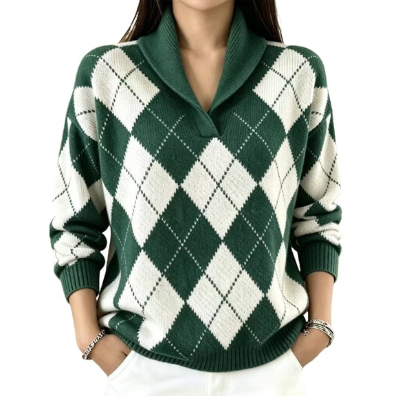TOMVIGX Argyle Sweater Women Oversized V Neck Pull Over Knit Sweater Lightweight Shawl Collar Diamond Plaid Jumper Long Sleeve Trendy Casual Tops Vintage Preppy Outfits Fall 2026 Womens Fashion