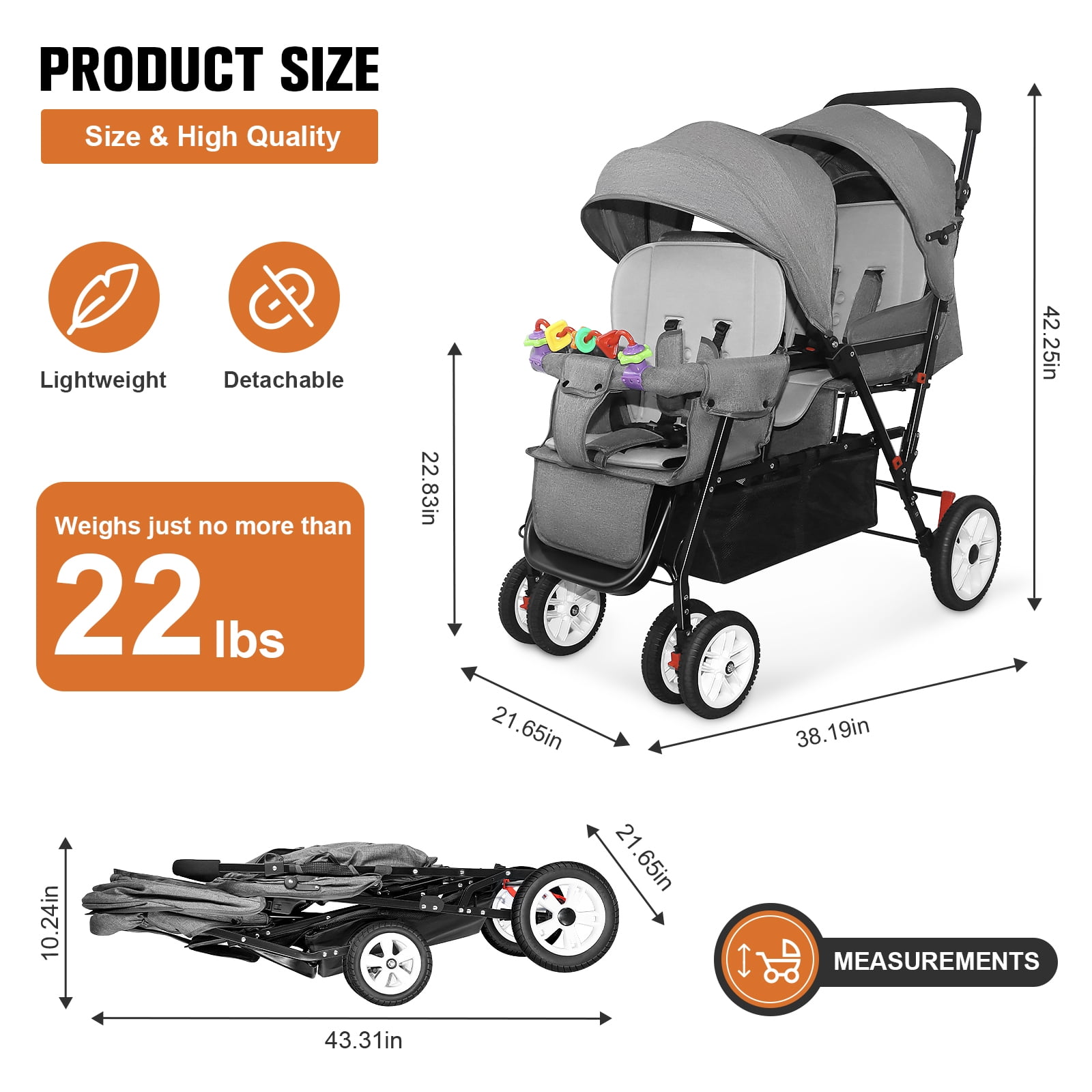 HUART Double Stroller, can Sit and Lie Down Lightweight Folding Children's Stroller, Gray