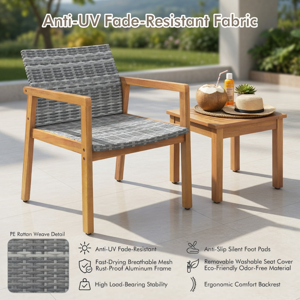 Hommoo 3-Piece Outdoor Patio Furniture Set, PE Rattan Chairs + Acacia Wood Coffee Table, Weather-Resistant, Ideal for Garden, Poolside & Courtyard, Gray & Natural