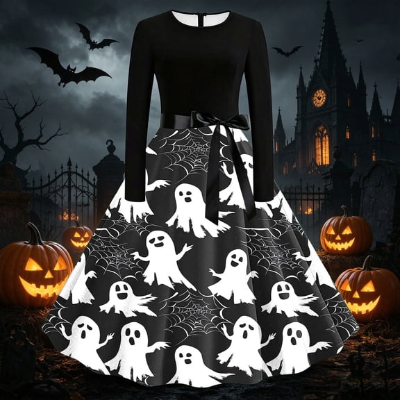 Karymi Easter Dresses for Women Halloween Print Swing Midi Dress, Solid Crew Neck Long Sleeve Satin Bow Waist Vintage A Line Party Costume Dress Spring Dresses for Women 2026