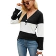 thumbnail image 4 of Deago Women's Color Block Long Sleeve Fall Sweaters Casual Fashion Ribbed Knit V Neck Button Pullover Shirts Tops (Black, S), 4 of 8