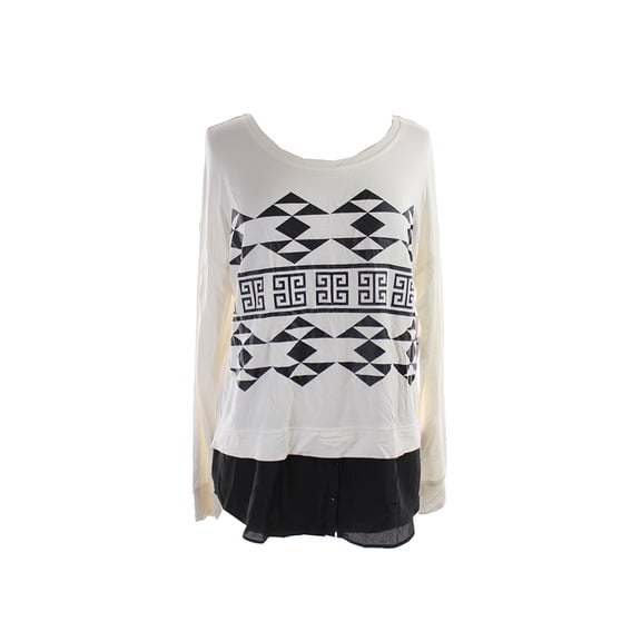 Kensie Womens Ivory Black Aztec Print French Terry Top XS