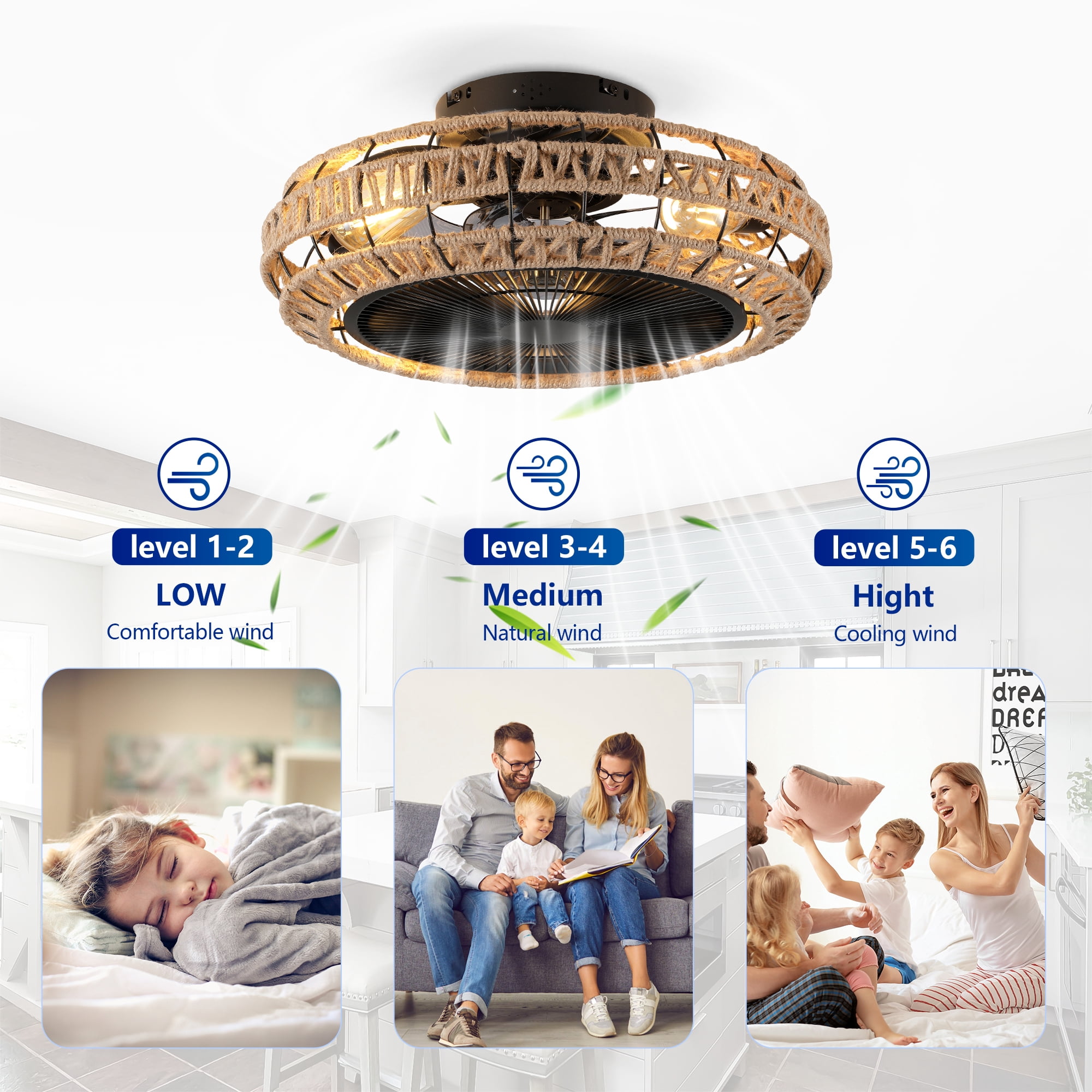 Leumius 20" Vintage Rope Fan Light with Light and Remote Control 6 Speed Adjustable Airflow Ceiling Fan for Living Room Bedroom Kitchen (NOT Included Bulbs)