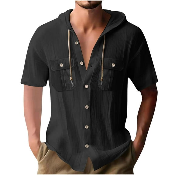 ZVNAΖH Linen Shirts for Men Casual Button Down Shirts Summer Beach Hoodie Chest 2 Pockets Short Sleeve Shirts Top with Hood