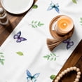 thumbnail image 3 of Blue Purple Gnomes Table Runner - 108 Inch Long Spring Country Hydrangea Flower Leaf Cotton and Linen Blended Dress Scarves Farmhouse Table Runner for Kitchen Dining, Coffee Table, 13" x 108", 3 of 8
