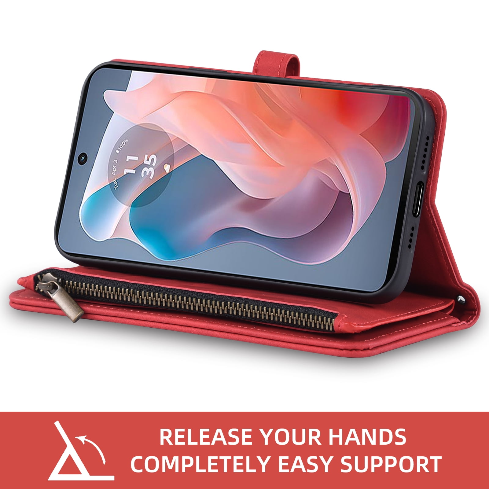 Asuwish Phone Case for Motorola Moto G Play 4G 2024 Wallet Cover With Tempered Glass Screen Protector Crossbody Wrist Strap Flip Pattern Zipper Credit Card Holder Cell XT2413V XT2413-1 64GB Women Red