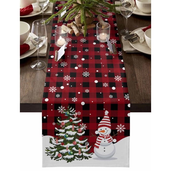 Christmas Table Runner Christmas Tree Snowman Table Runners Red Buffalo Plaid Snowflake Cotton Linen Dresser Scarf Kitchen Dining Table Decor for Christmas Holiday Party Decor 13x36 Inch