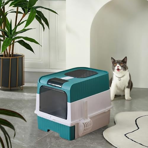 Cat Litter Box, Enclosed Removable Litter Boxs for Big Cats, Front Entry Top Exit Kitty Box Odor Control (Blue)