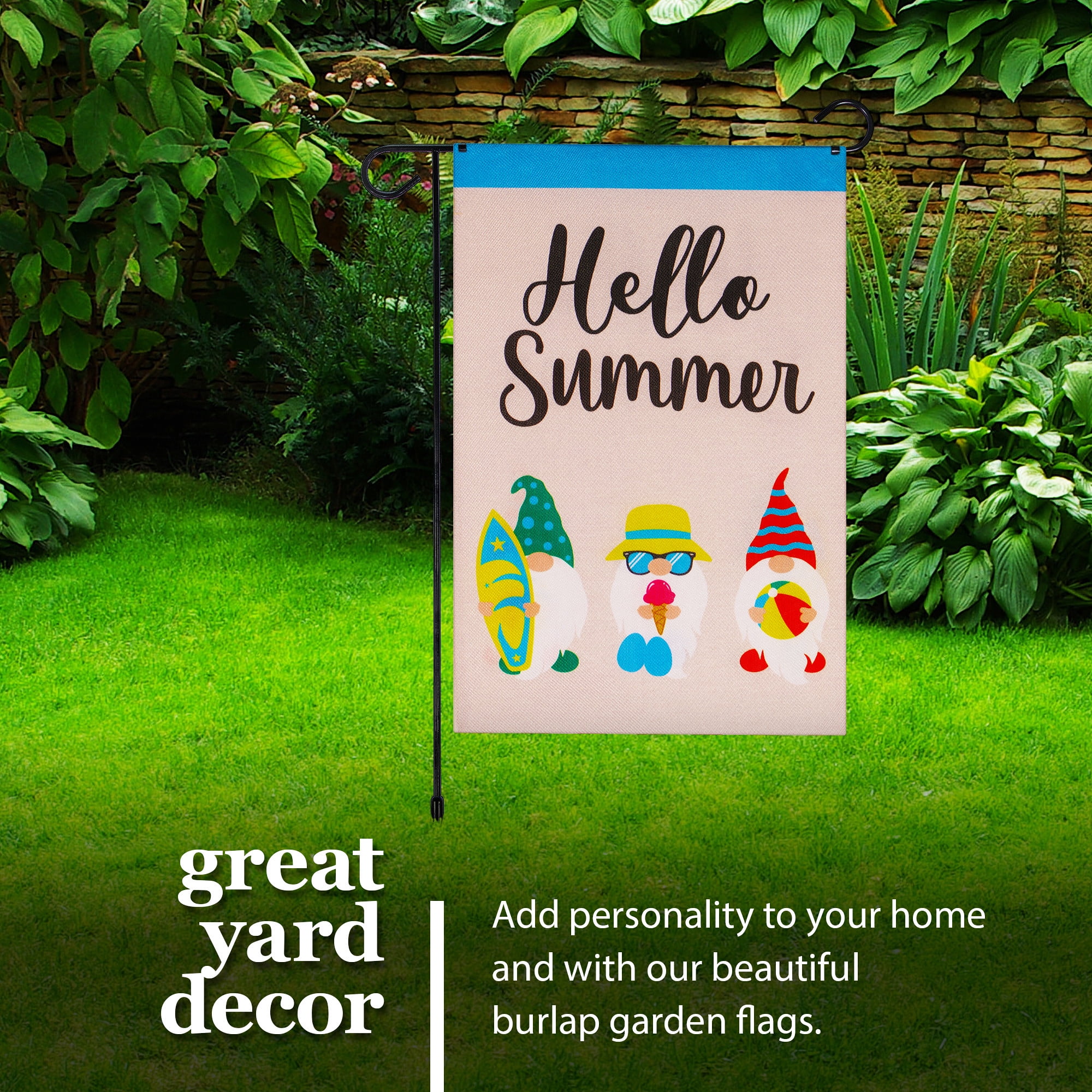 G128 Combo Pack: Garden Flag Stand Black 36 in x 16 in & Garden Flag Hello Summer Decoration Three Beach-Ready Gnomes 12"x18" Double-Sided Burlap Fabric