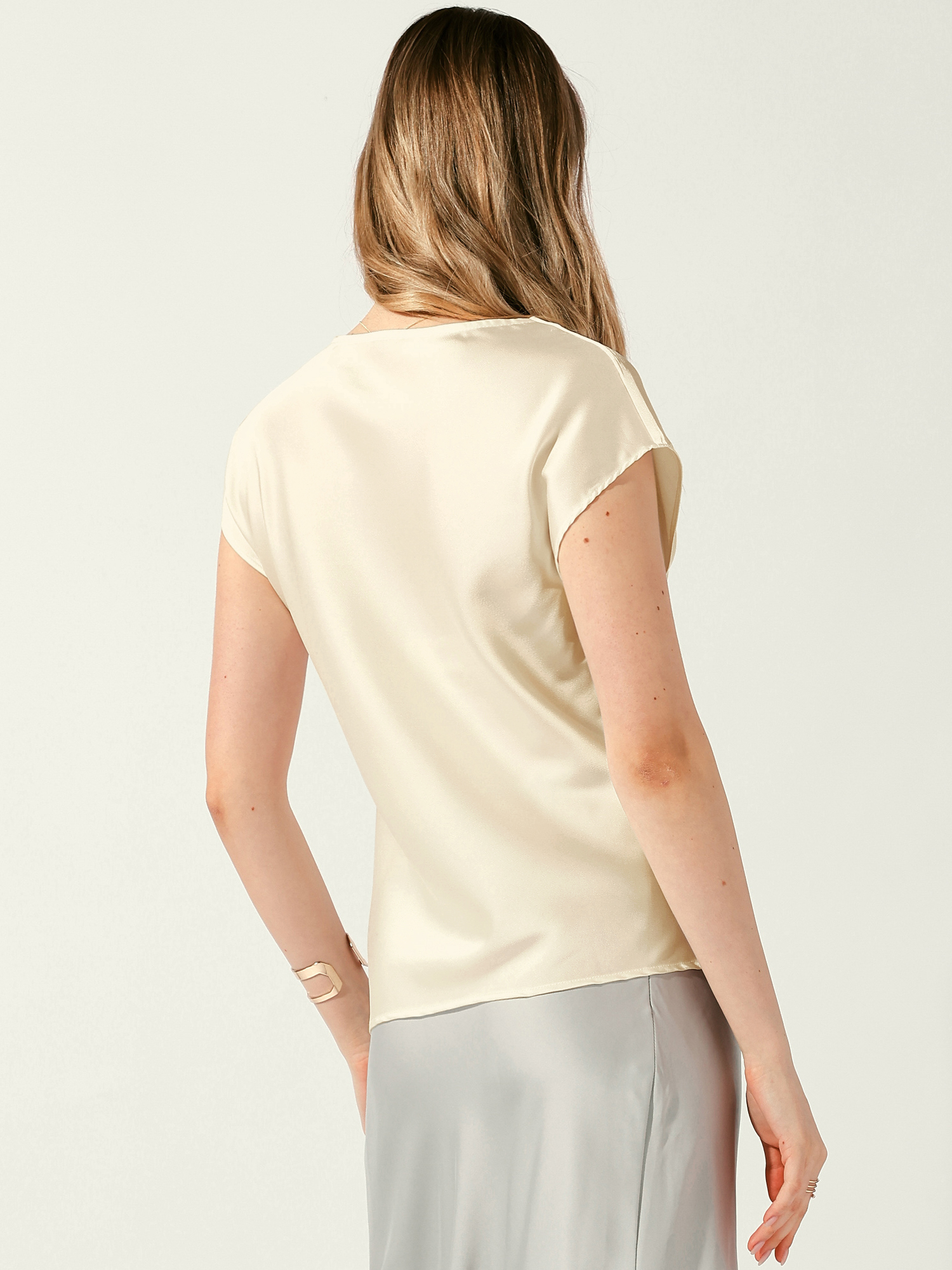 DARING DIVA Women's Satin Cowl Neck Short Sleeve Casual Blouses M Beige