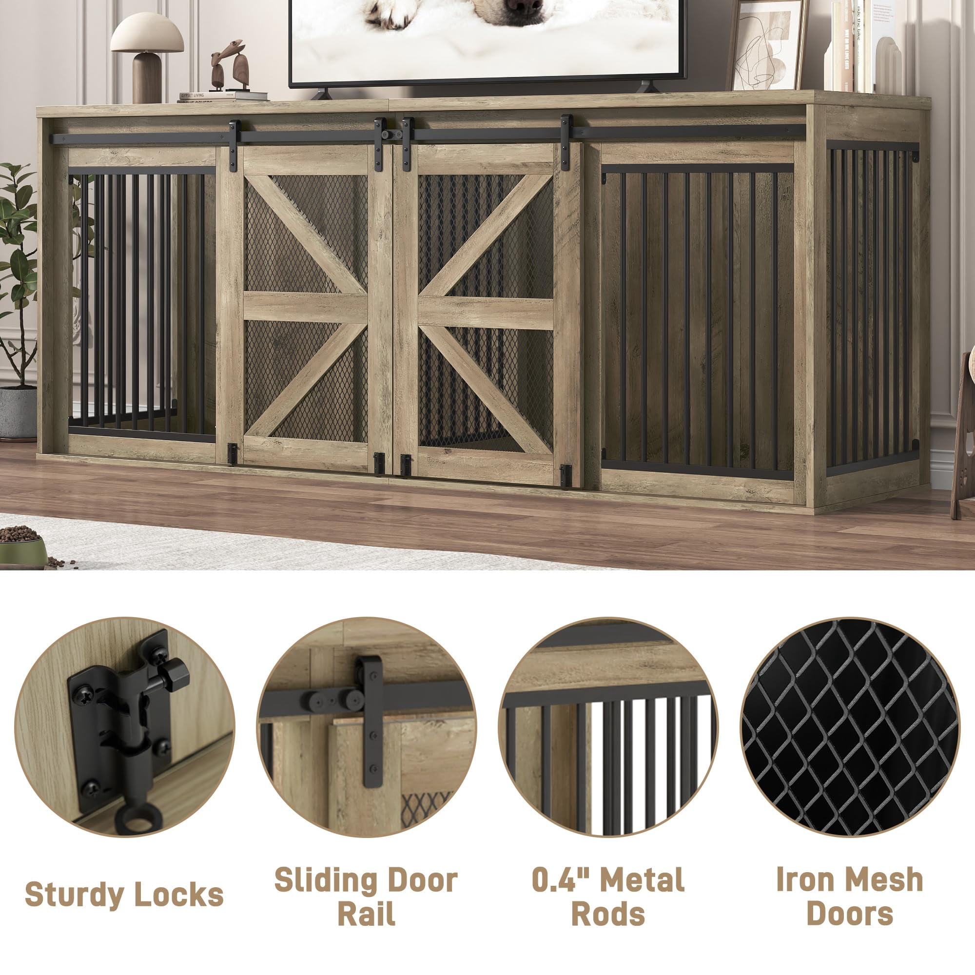 Blotout 87" Large Farmhouse Dog Crate TV Stand, Wooden Dog Crate Furniture with with Divider Panel/Sliding Metal Mesh Barn Door, XL-XXL Heavty Duty Dog Crates Furniture for 2 Medium or Large Dogs