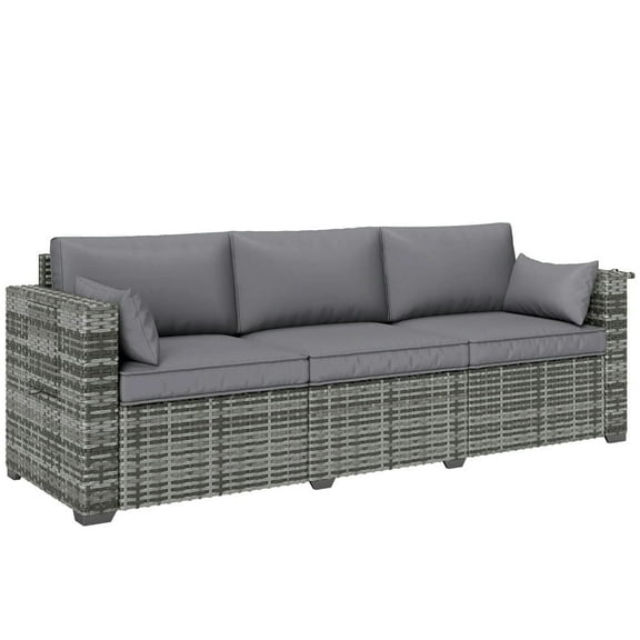 Resenkos 3 Seater Wicker Sofa with Side Trays, Outdoor Patio Couch with 6" Thick Back Cushions, Deep Seating, Mixed Gray