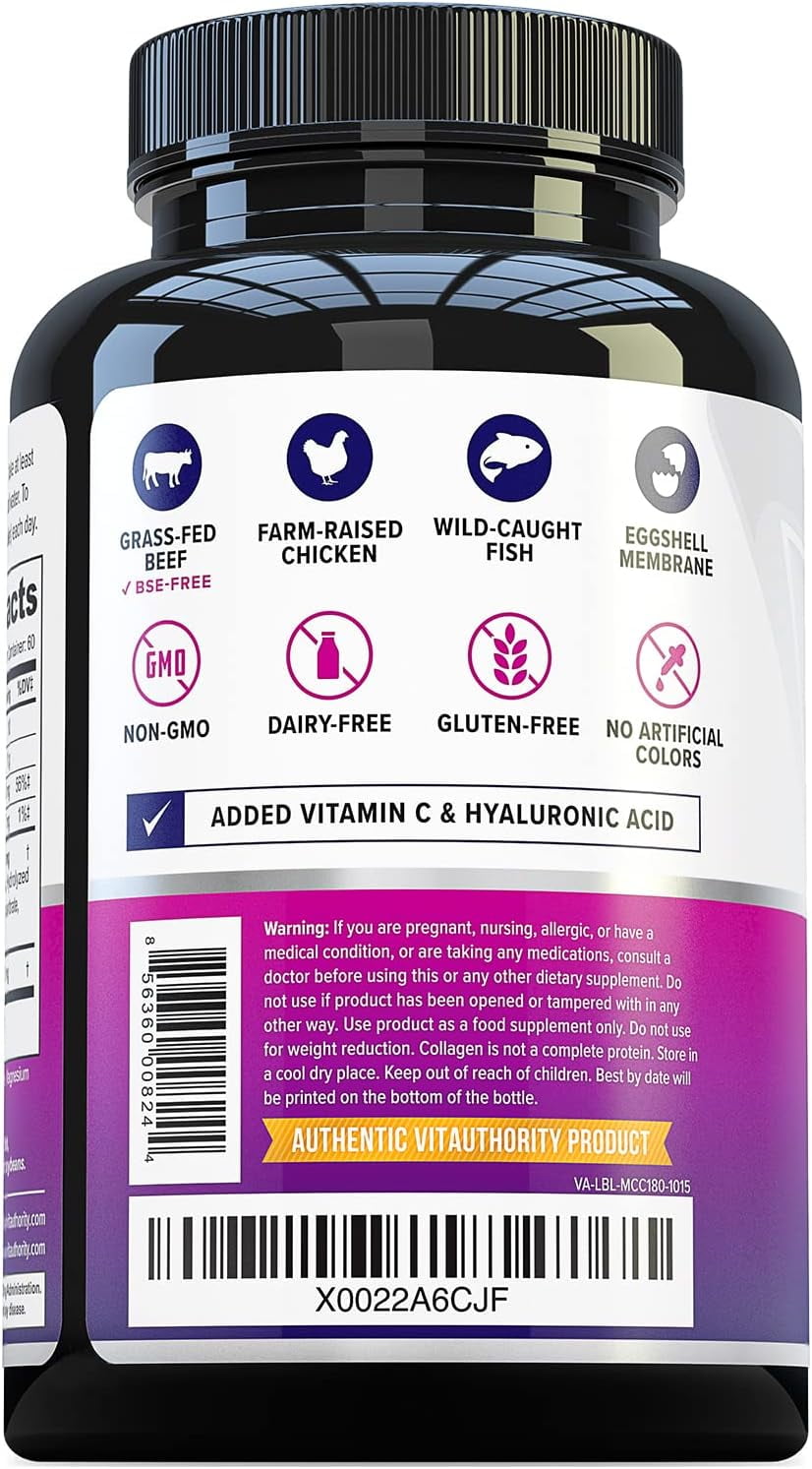 Vitauthority Multi Collagen Peptides Dietary Supplement Capsules, Hydrolyzed Collagen Vitamin Pills with Vitamin C and Hyaluronic Acid, 180 Count