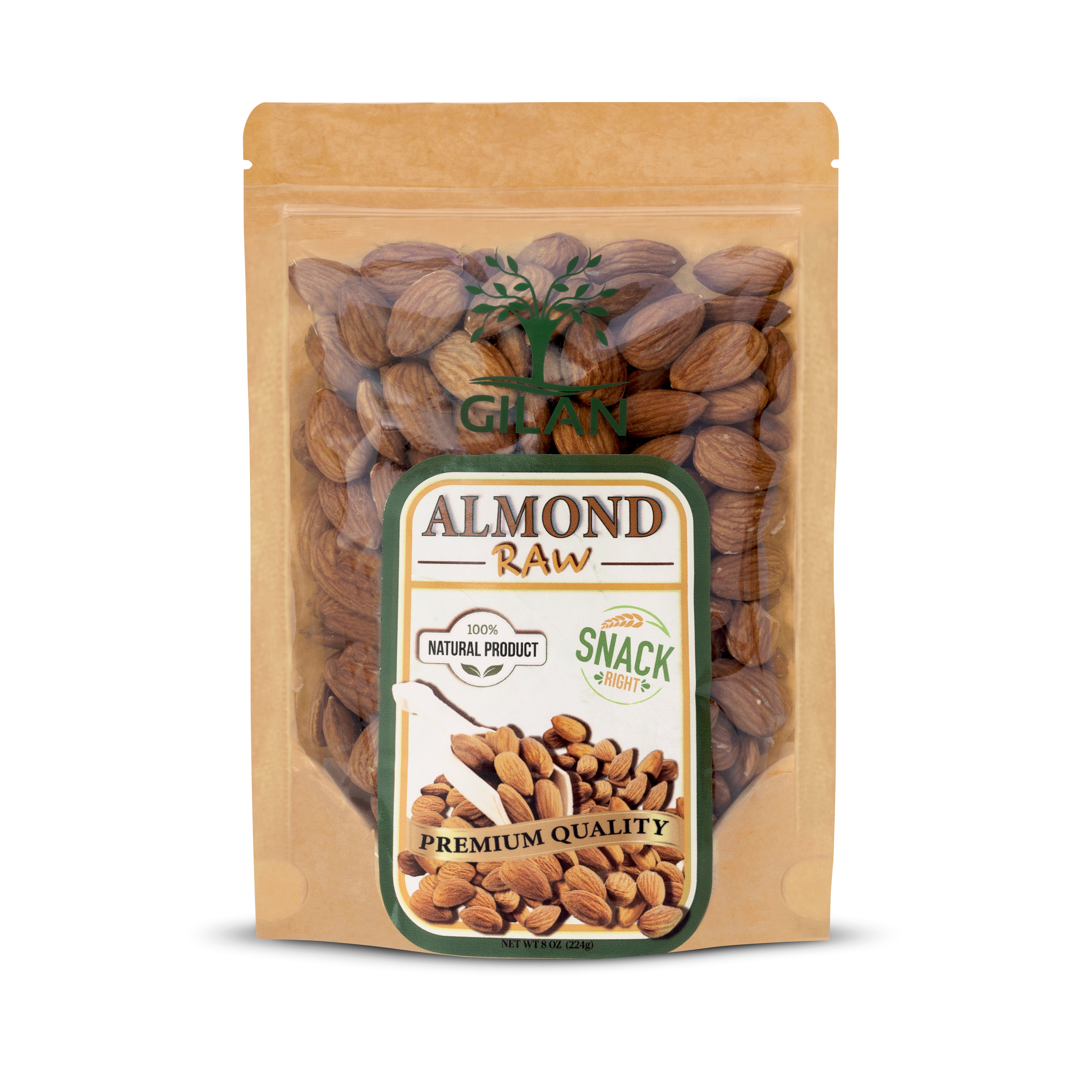 Gilan Raw Whole Almonds, Unsalted, Healthy Snack, 8 oz