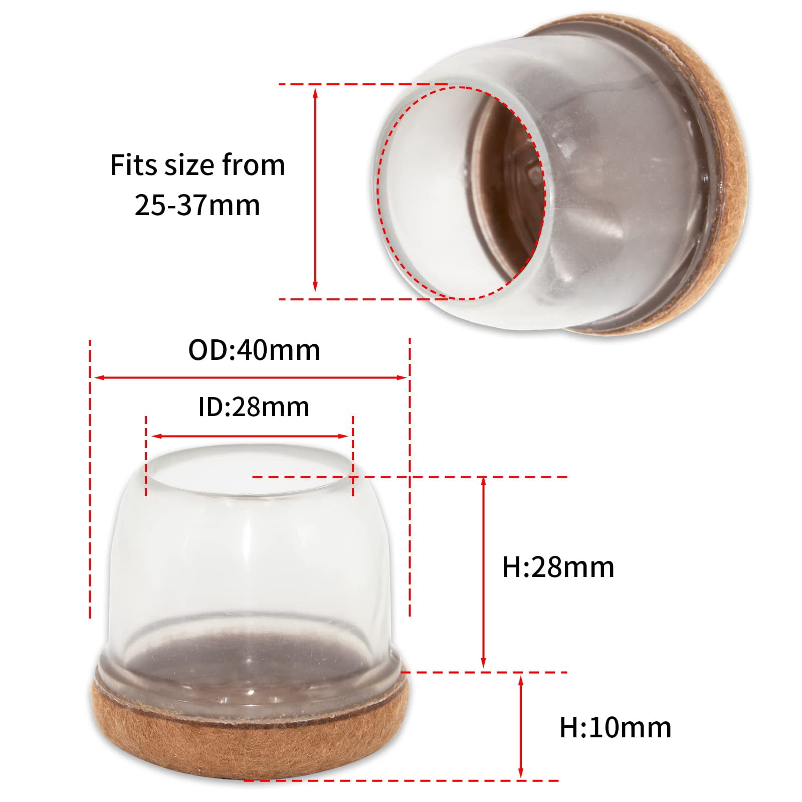 Flyshop 8PCS Round Chair Leg Caps with Felt Pads Durable Floor Protectors for Hardwood Floor Prevent Scratches Reduce Noise Foot Cap, Transparent Protective Caps, 25 to 37 mm