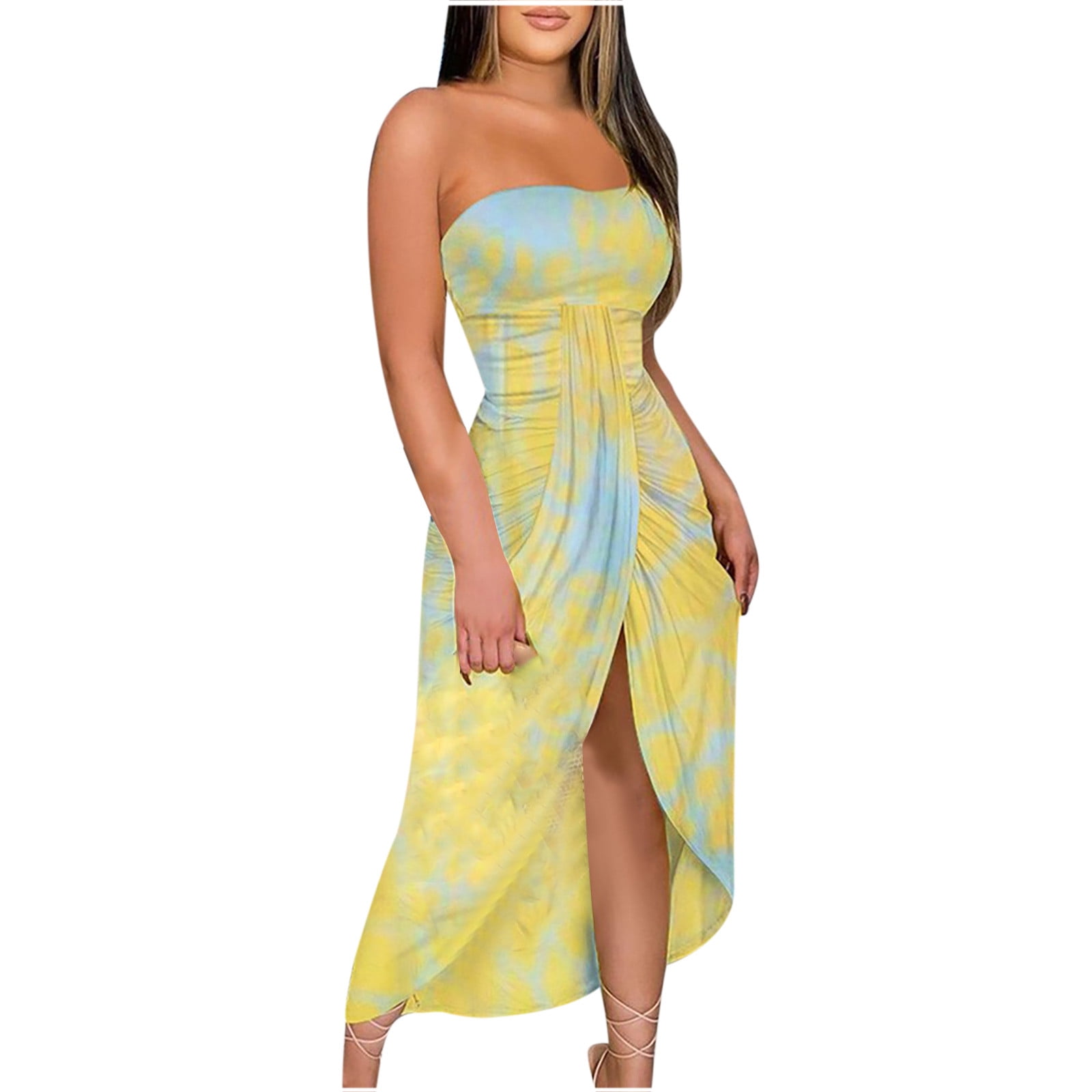 Summer Savings Clearance 2023! TAGOLD Womens Tops,Women's Summer Print  Strapless Long Dress Beach Split Dress Party Club Dress Yellow M 
