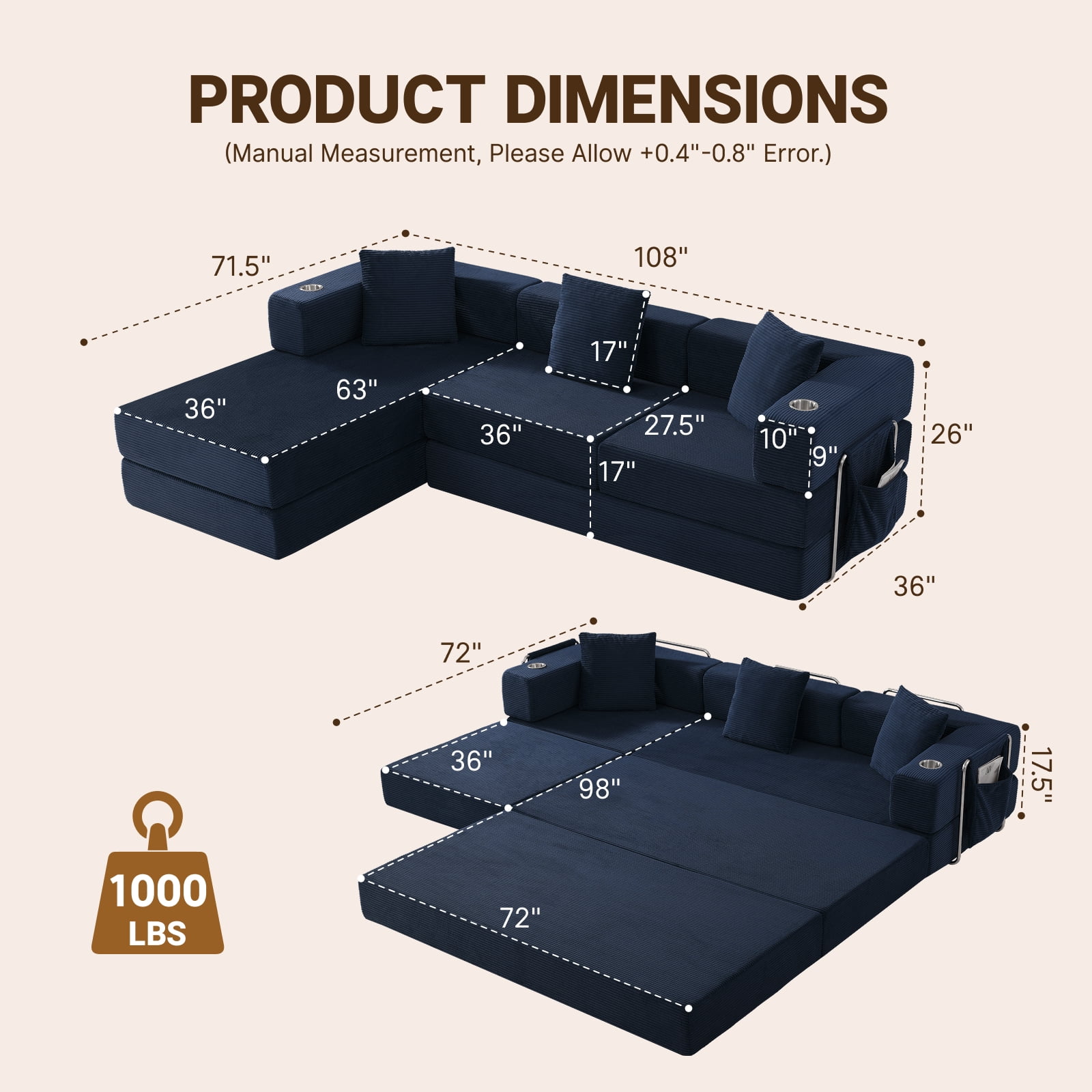 Garitin Sectional Sofa and Modular L Shape Cloud Couch 108 Inch, Boneless Deep Seat Corduroy Living Room Furniture, Blue