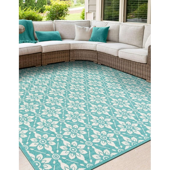 Unique Loom Outdoor Trellis Collection Area Rug - Tiles (7' 10" Square Teal/Ivory)