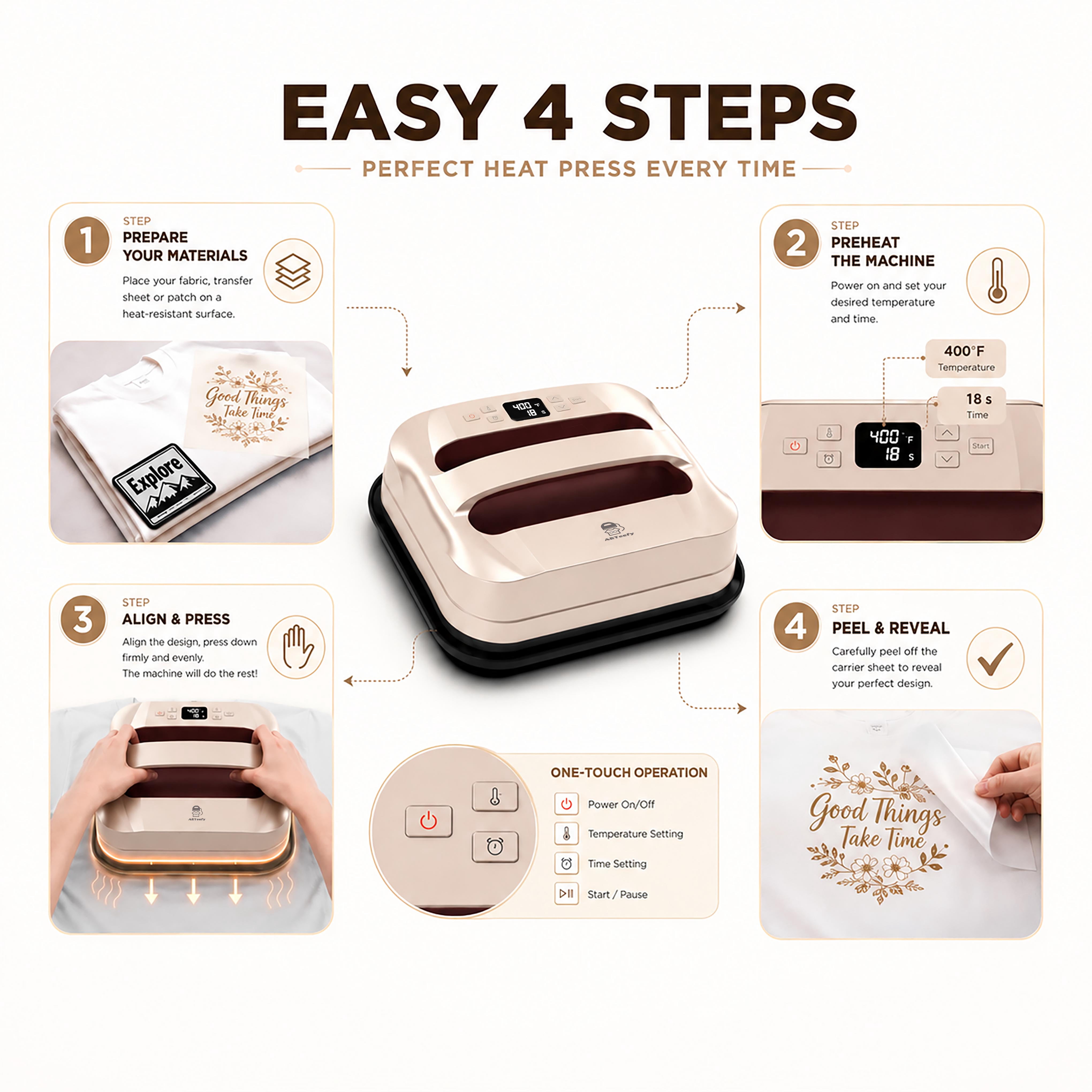 ARTeefy HP3 12" x 10" Portable Heat Press Machine for T-Shirts, Sublimation and HTV Vinyl, Golden Brown