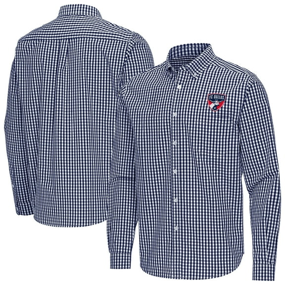 Men's Antigua Navy FC Dallas Ellis Tri-Blend Long Sleeve Button-Down Shirt