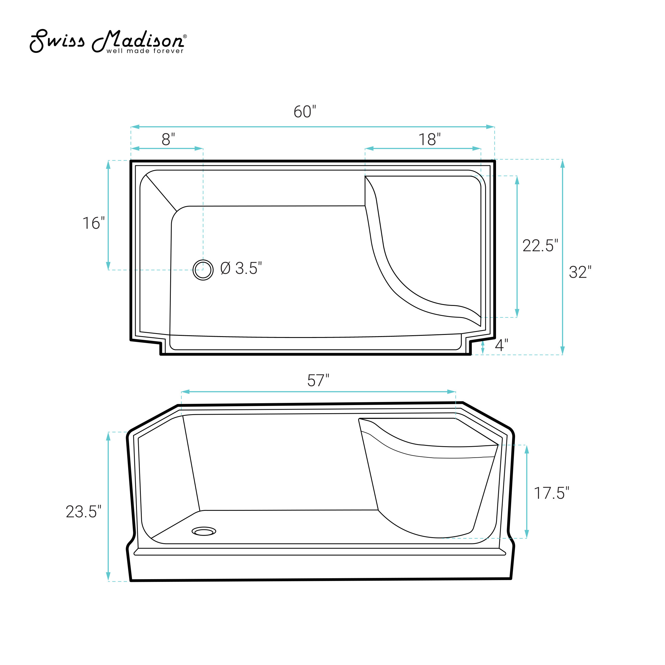 Aquatique 60" x 32" Single Threshold Shower Base With Left Hand Drain and Integral Right Hand Seat in Gray