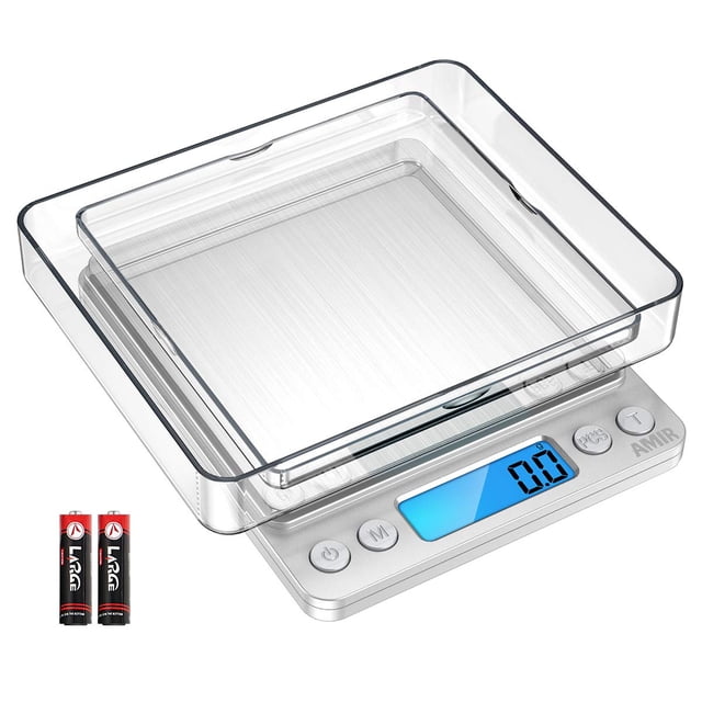 AMIR Balance de Cuisine Numérique, 3000g 0.01oz/ 0.1g Balance de Poche, Mini Balance Alimentaire, Balance Électronique Pro avec Écran LCD Rétroéclairé, Fonctions Tare & PCS, Acier Inoxydable, Piles Incluses