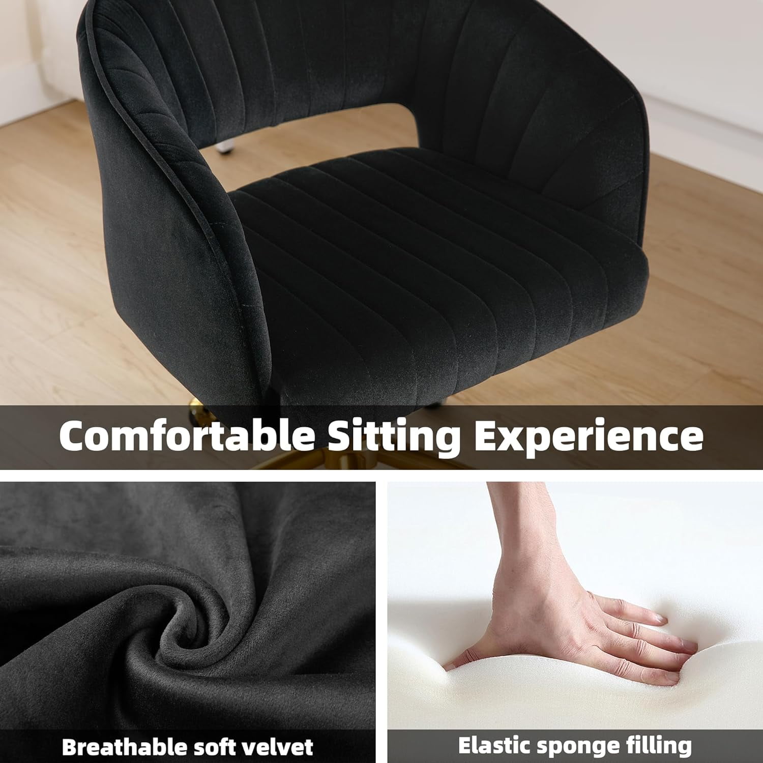 Westice Home Office Desk Chairs, Velvet Rolling Chair, Height Adjustable Swivel Vanity Chair, Ergonomic Chair for Study, Living Room Computer Room, Black