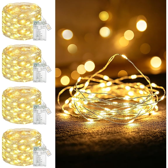 btfarm 4 Pack Fairy Lights Battery Operated with Timer, Dimmable, 8 Mode 16 FT 50LED Twinkle lights, USB Powered String Light, Warm White, Cuttable Wire Light Waterproof for Christmas Indoor Bedroom