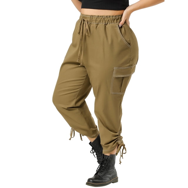 Unique Bargains Women's Plus Size Elastic Waist Cargo Pants with Pockets