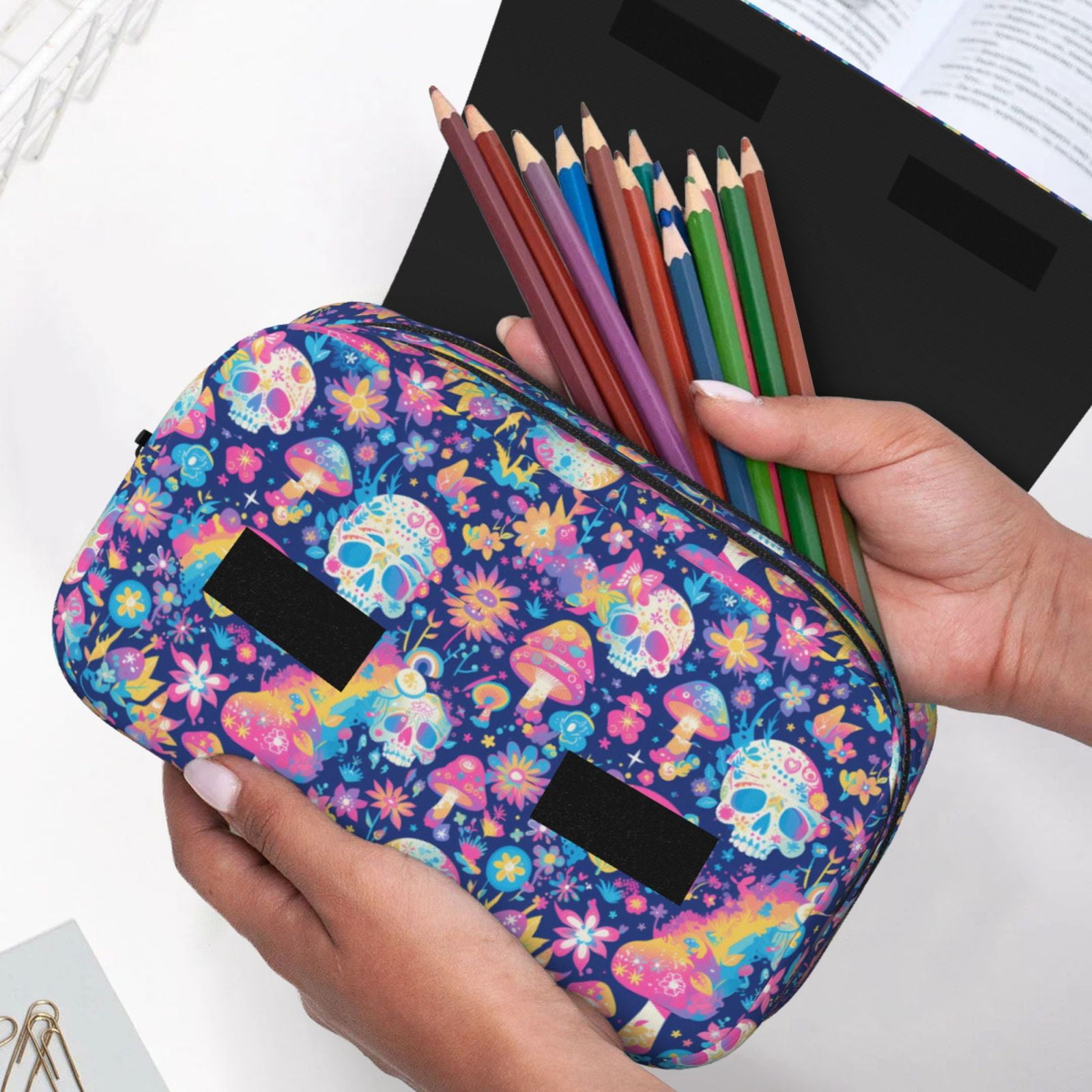 Rateoe mushroom Skull rainbow color Pattern Double Clamshell Pen Case, Storage Organizer with Two Zipper Compartments– Holds Up to 50 Pencils & Pens