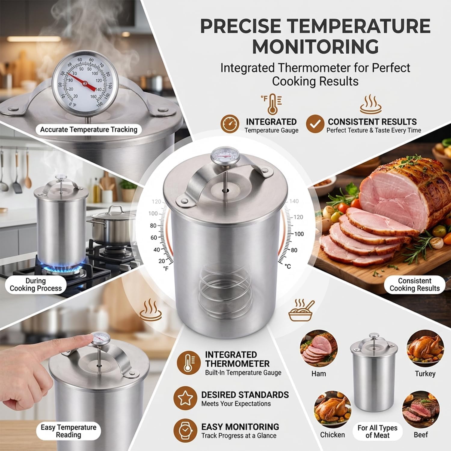 Deli Meat Press Stainless Steel, Ham Maker with Thermometer, Deli Meat Maker, Simple to Operate，for The Processing of Various Meat Products, Such as Ham and Meat Patties (2pcs)